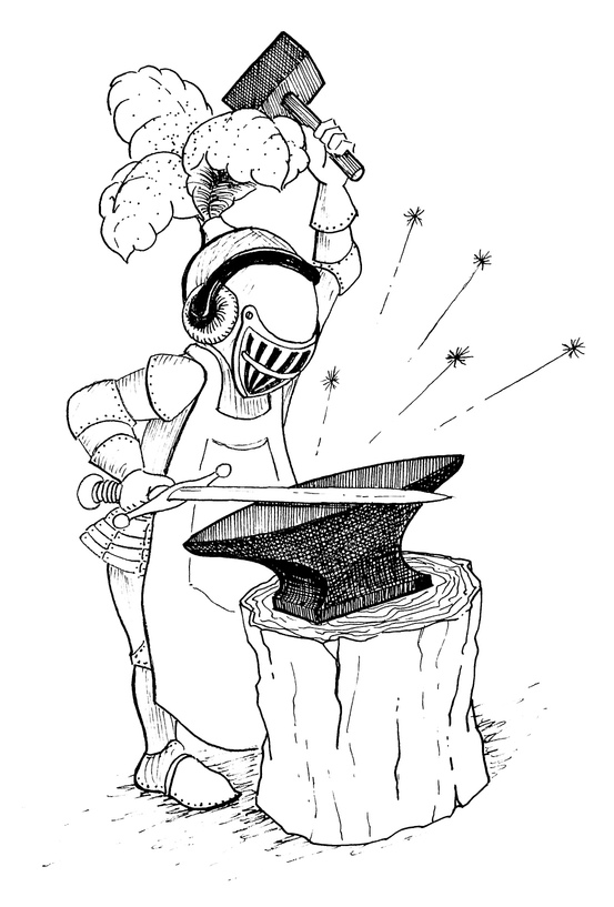 A knight is forging the code with an anvil.