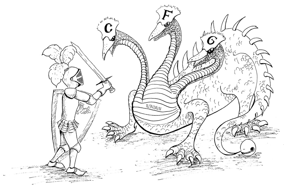 A knight is fighting a hydra with the letters CFG written on it.