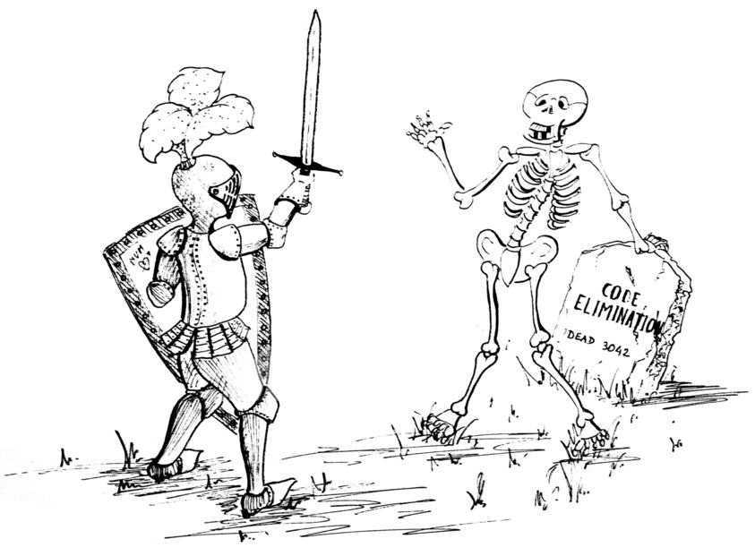 A knight is fighting a skeleton coming out of a tomb with Dead Code written on it.