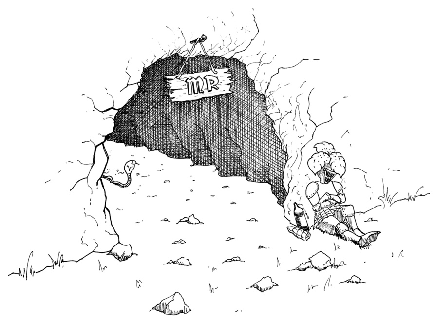 A knight sleeping in front of a dark cave with “MR” (for machine representation) written on it.