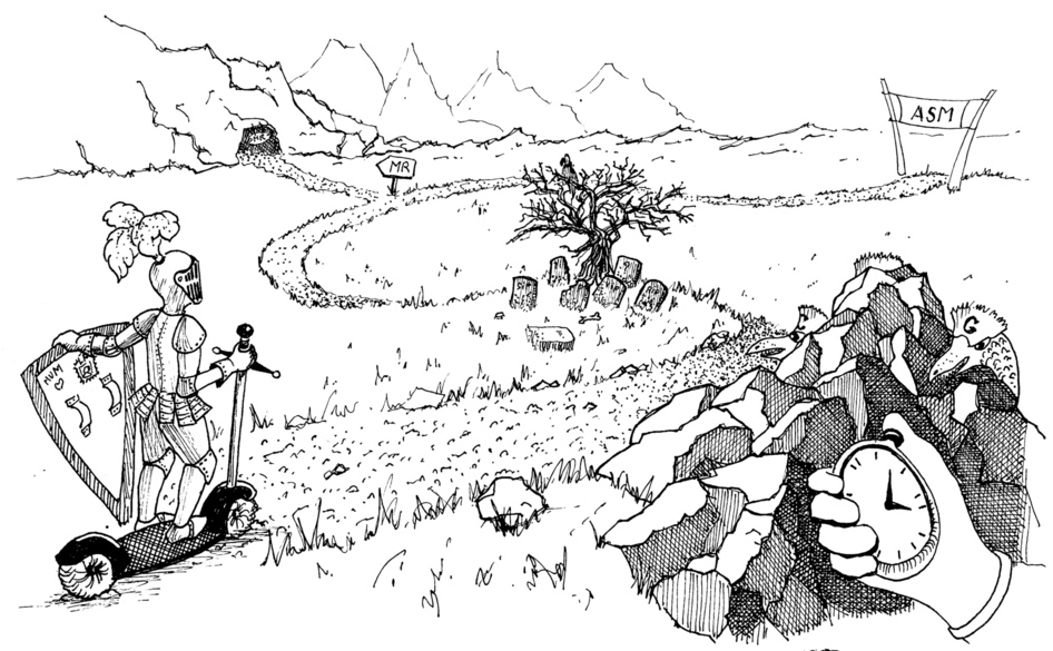 A knight facing a long road with references to other drawings.