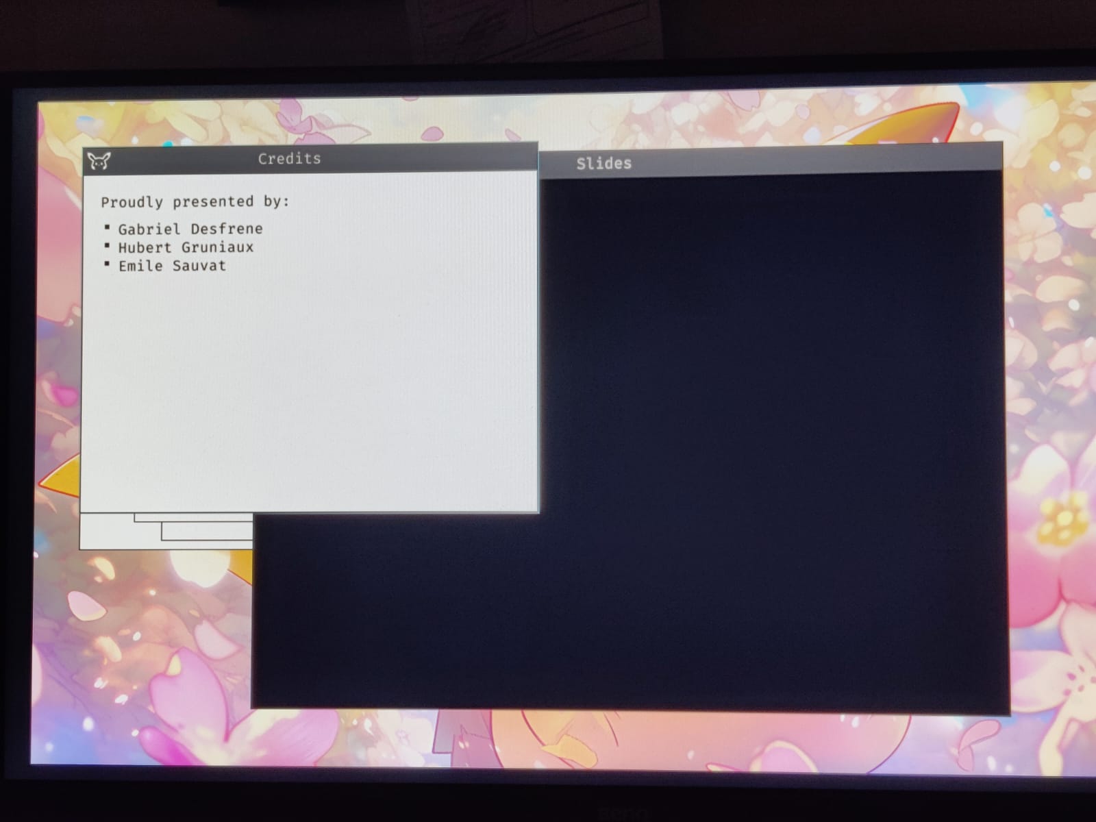 Photo of our OS displaying the credits and slides windows on a screen.